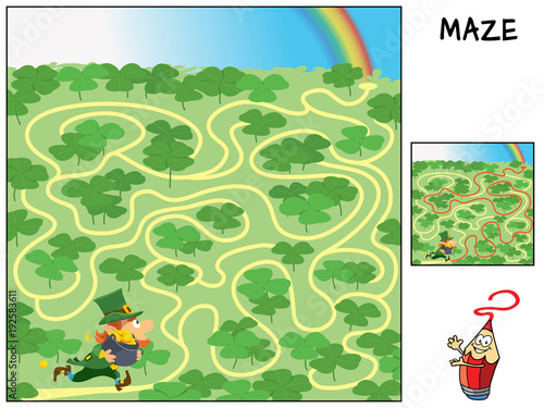 Leprechaun hurries to hide his pot of gold under the rainbow. Educational maze game for children. Cartoon vector illustration