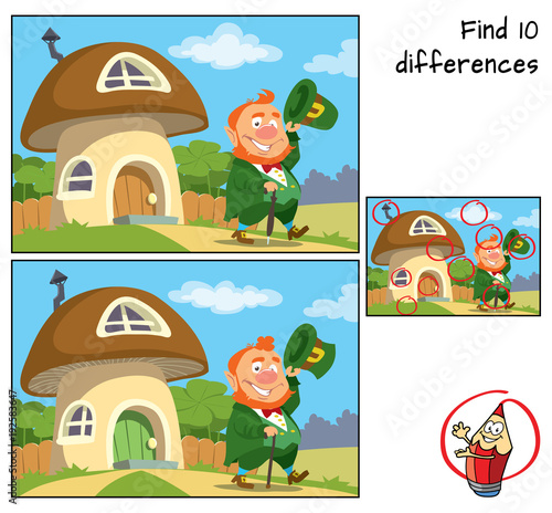 Funny leprechaun goes for a walk. Find 10 differences. Educational game for children. Cartoon vector illustration