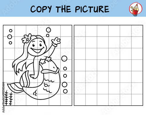 Cute little mermaid. Copy the picture. Coloring book. Educational game for children. Cartoon vector illustration
