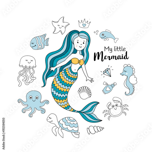 Cute little mermaid with sea animals. Under the sea vector illustration. My little mermaid