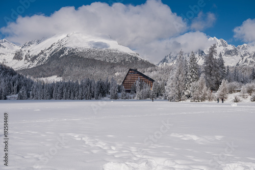 Winter view of frozen snow covered surface of Strbske Pleso