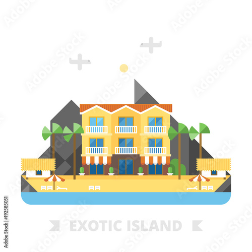 Beach summer landscape. Vacation, relaxation, ocean, sun, palms. Vector flat illustration. Best hotel building on island, best choise.
