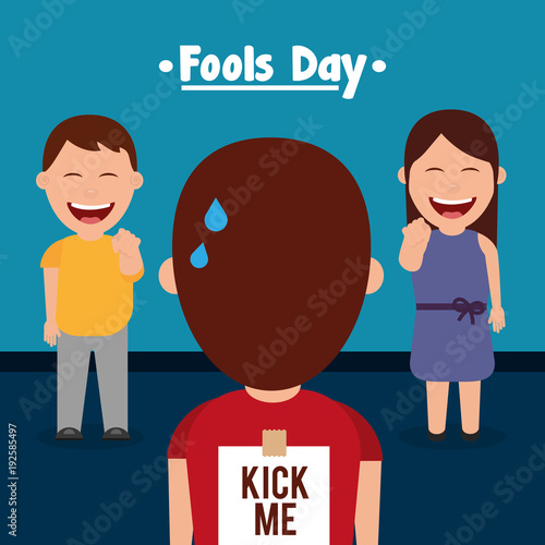 man and woman prank a friend kick me sticker in back fools day vector illustration