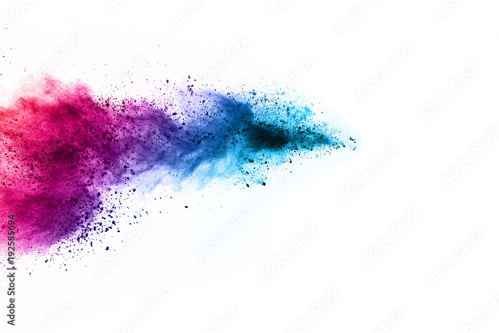 abstract powder splatted background. Colorful powder explosion on white background. Colored cloud. Colorful dust explode. Paint Holi.