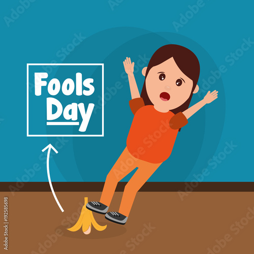 Schilderij op canvas woman slips with banana peel fools day prank vector illustration