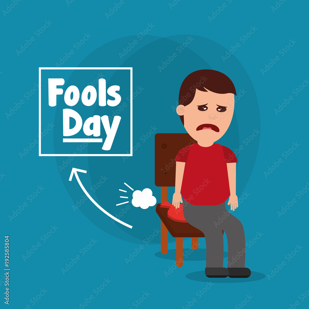 Behang sad man sitting in chair with whoopee cushion fools day vector illustration