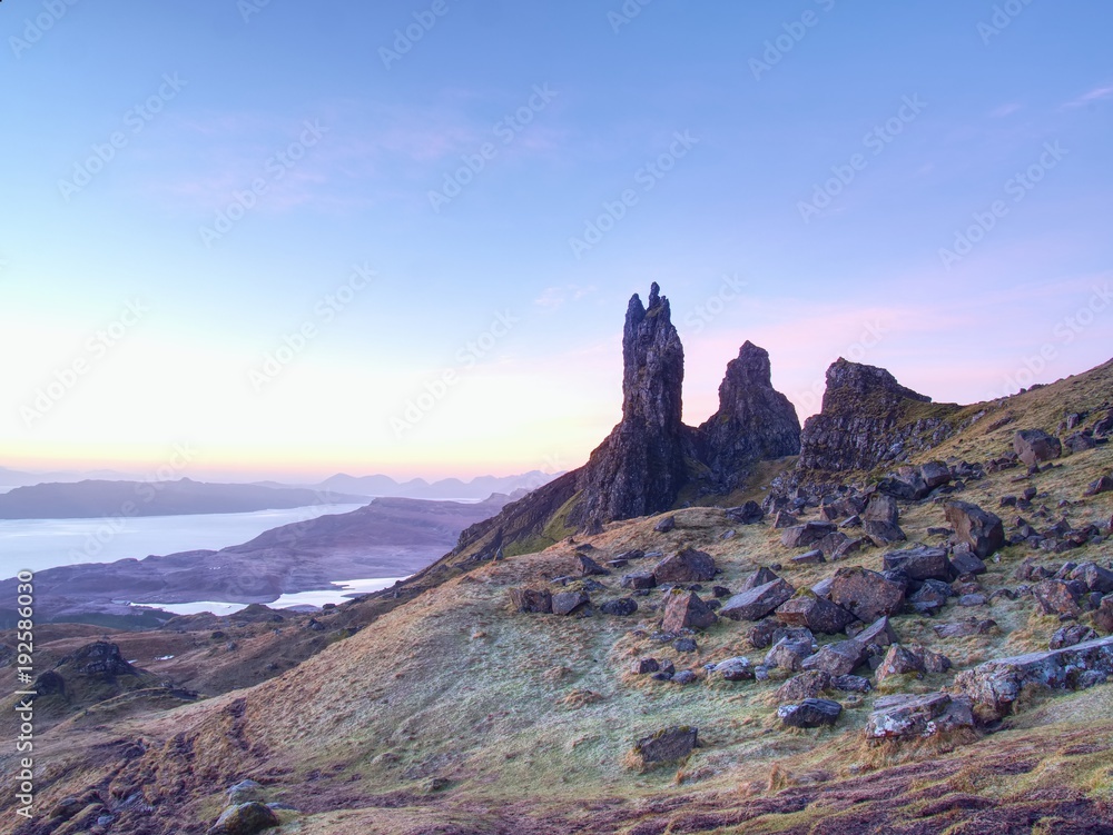 Famous exposed rocks Old Man of Storr, north hill in the Isle of Skye