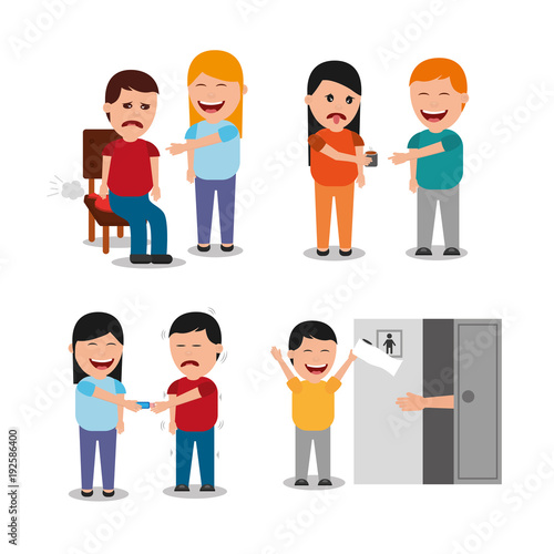 people with differents jokes of fools day collection vector illustration
