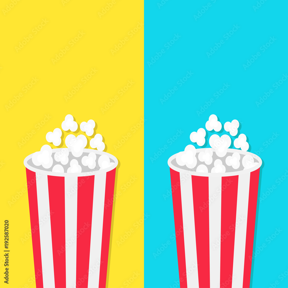 Popcorn round bucket box set. Movie Cinema icon in flat design style. Pop corn popping. Blue yellow background template. Fast food.