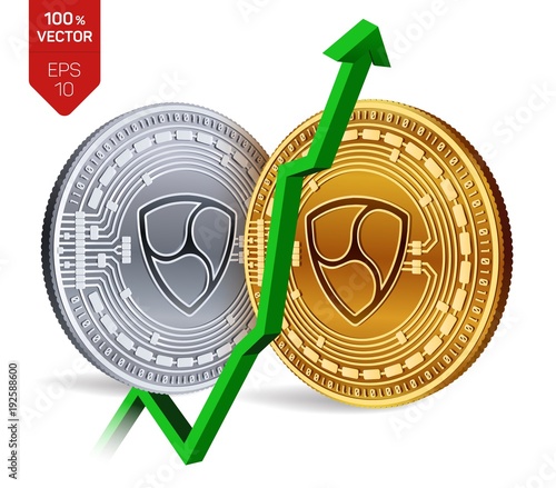 Nem. Growth. Green arrow up. Nem index rating go up on exchange market. Crypto currency. 3D isometric Physical Golden and silver coins isolated on white background. Vector illustration.