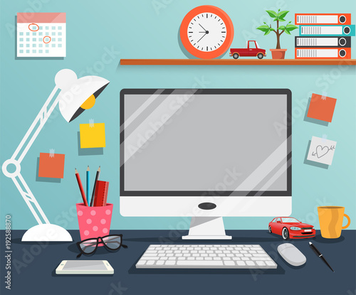 Workplace with computer ,The office of a creative worker - Vector illustration.