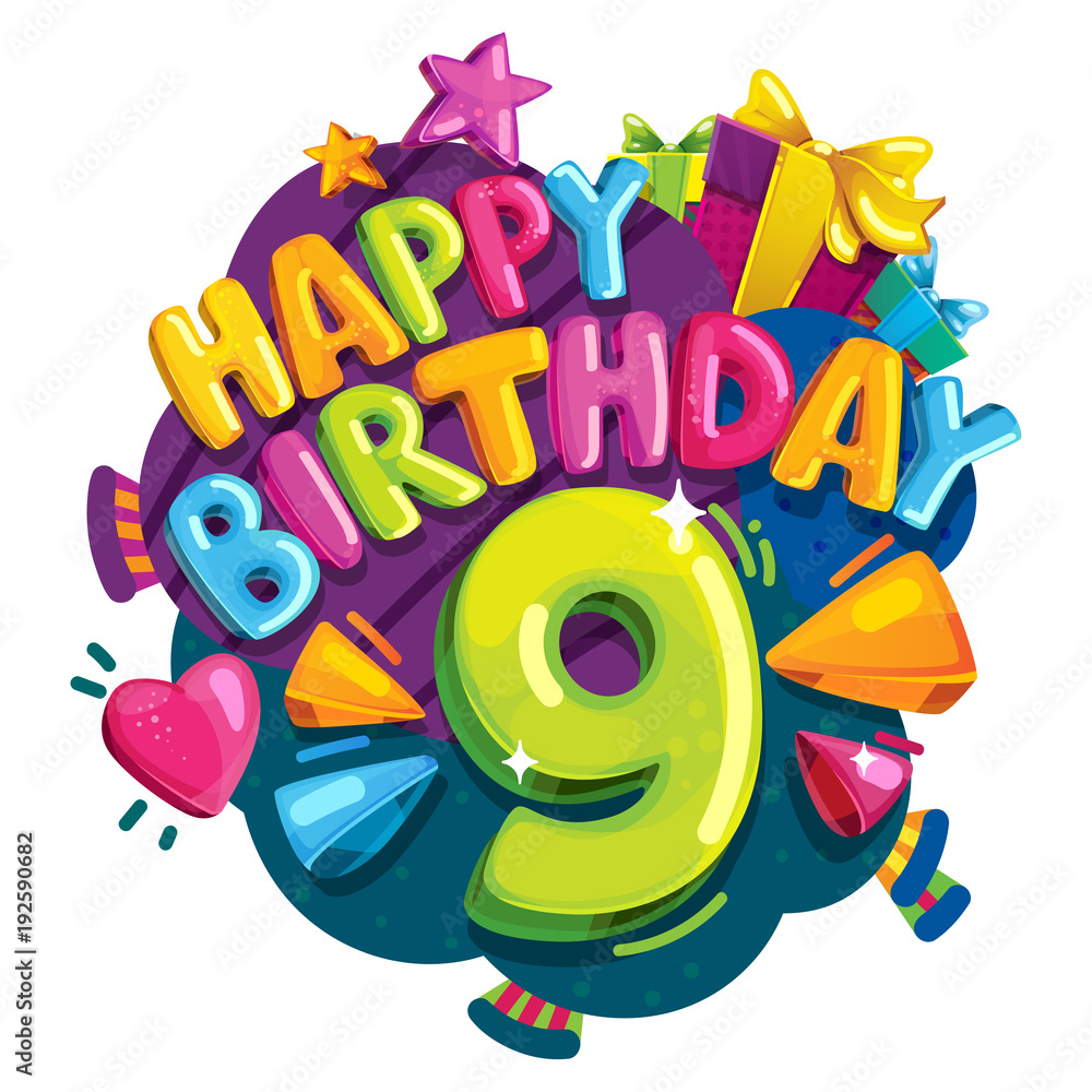 Happy birthday 9 years. Colorful festive illustration for celebratory party and decoration nine birthday Векторный объект Stock