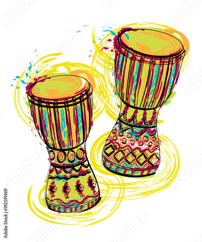 Drums tam tam with splashes in watercolor style. Colorful hand drawn vector illustration