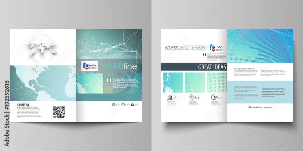 The minimalistic vector illustration of editable layout of two A4 format modern covers design templates for brochure, flyer, report. Chemistry pattern, molecule structure, geometric design background.