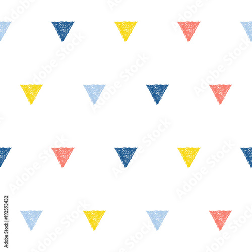 Abstract handmade doodle triangle, seamless pattern background. Childish handcrafted wallpaper for design card, baby nappy, diaper, scrapbook, holiday wrapping paper, textile, bag print, t shirt etc.