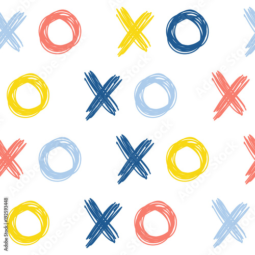 Abstract handmade doodle xo seamless pattern background. Childish handcrafted wallpaper for design card, baby nappy, diaper, scrapbook, holiday wrapping paper, textile, bag print, t shirt etc.
