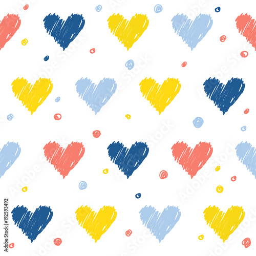 Abstract handmade doodle heart seamless pattern background. Childish handcrafted wallpaper for design wedding card, baby nappy, diaper, scrapbook, holiday wrapping paper, textile, bag print, t shirt