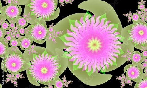 Computer generated 3D floral fractal.Leah rose with green leaves on a black background.Wallpapers for your desktop.