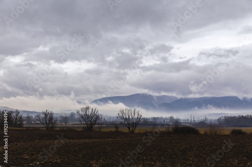 fog and clouds over an agricultural land