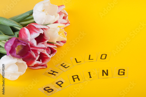 Words Hello spring laying on yellow background laying near spring bouquet