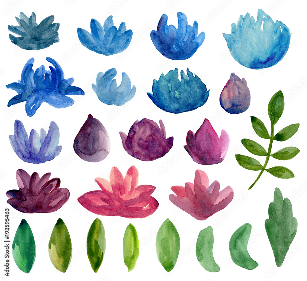 Watercolor abstract flowers clip art. Blue and purple floral Stock