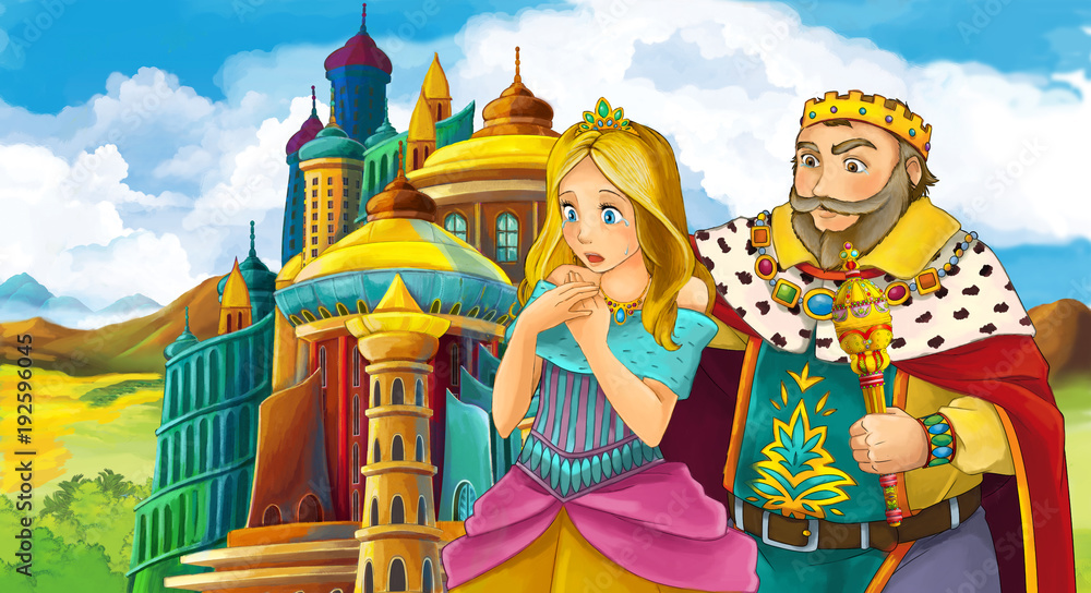 cartoon scene with prince and princess or king and queen near some castle -  illustration for children Stock Illustration | Adobe Stock