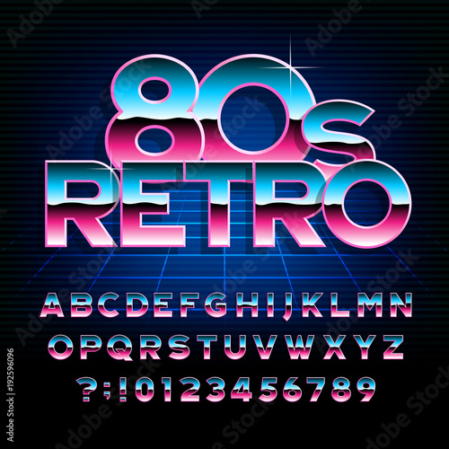 80's retro alphabet font. Metallic effect type letters and numbers. Stock vector typeface for any typography design.