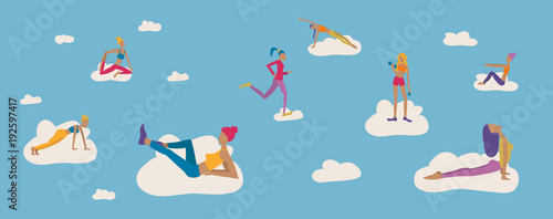Fototapeta Naklejka Na Ścianę i Meble -  Women doing exercises on the clouds in the sky. Vector illustration women sports. 