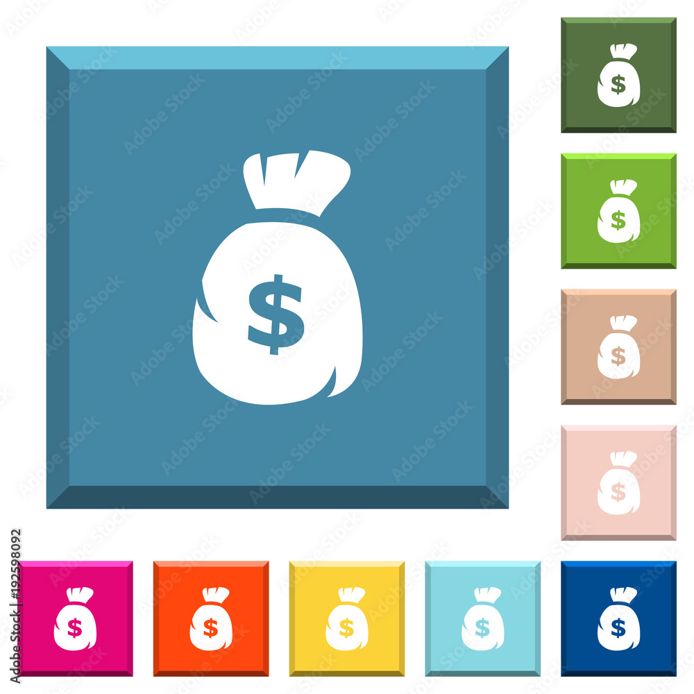 Dollar money bag white icons on edged square buttons Dollar money bag white icons on edged square buttons