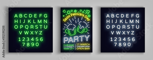 St. Patricks Day Party Poster. Design template typography in neon style, Neon sign, Bright flyer, Flare banner, Invitation to party, festival celebration. Vector illustration. Editing text neon sign