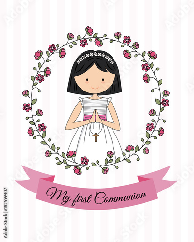 my first communion girl. beautiful girl praying and flower frame