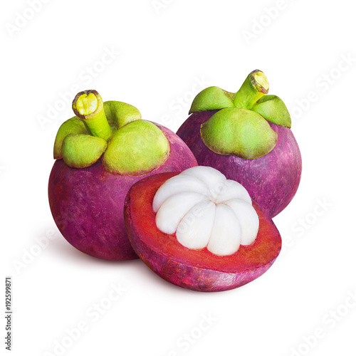 Delicious tropical mangosteen fruit isolated on white background. Tropical fruit with sweet juicy white segments of flesh inside a thick reddish-brown rind