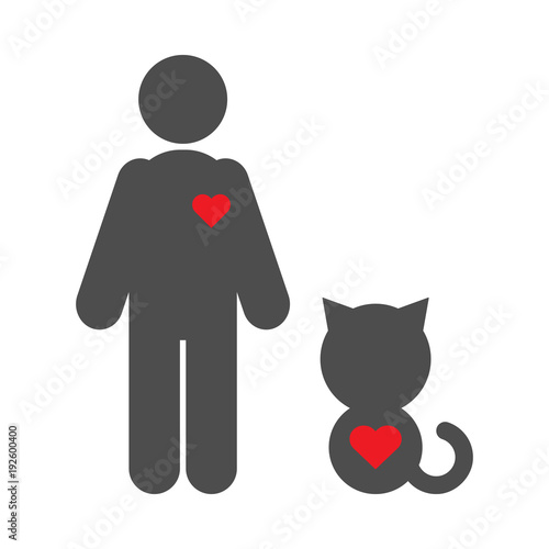 Silhouettes of man and cat with red heart. Pet therapy concept. Vector icon.