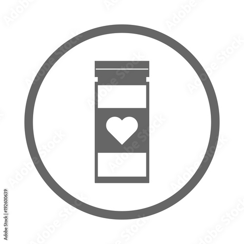 Medical bottle with heart symbol. Vector icon.