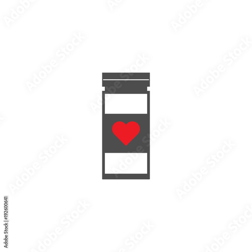 Medical bottle with heart symbol. Vector icon.