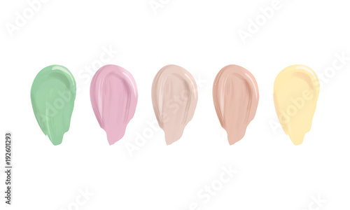 liquid makeup color correcting concealer, makeup color tone set for female, Set of shades to cover skin imperfections of young women, vector on isolated background.