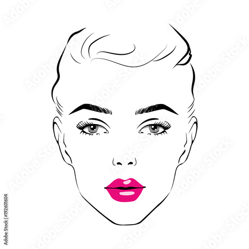 Beautiful woman face with pink lipstick on lips. Fashion illustration of the sketch Elegant beautiful woman face hand drawn vector illustration eps 10