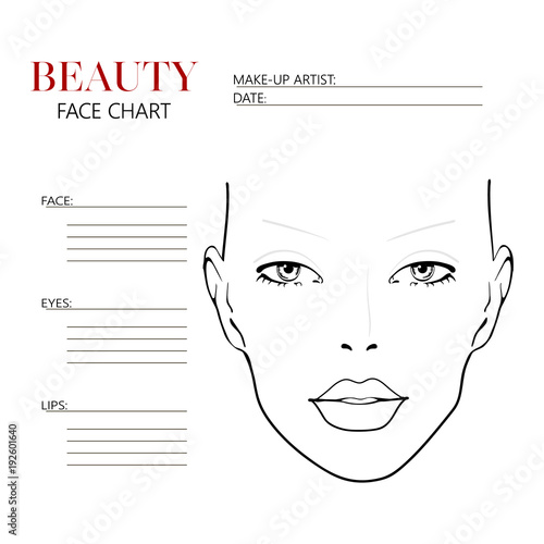 Beauty face chart. Beautiful woman with open eyes. Face chart Makeup Artist Blank Template. Vector illustration. photo