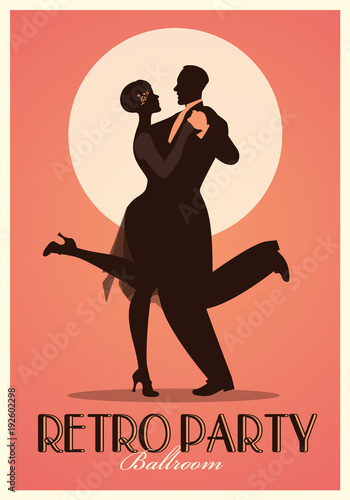 Retro Party Poster. Silhouettes of couple wearing clothes in the style of the twenties dancing Charleston