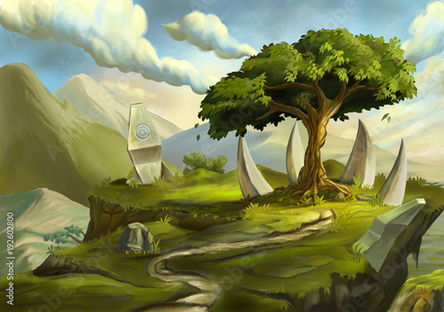 Sacred tree in a fantasy landscape