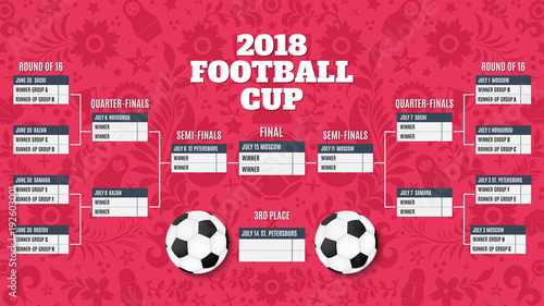 Table of results for football championship. Schedule of matches on the background of traditional Russian patterns and football doodles. Football 2018. Vector illustration