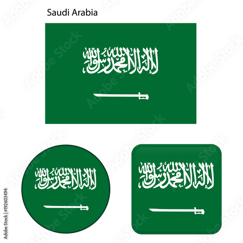 Flag of Saudi Arabia. Correct proportions, elements, colors. Set of icons, square, button. Vector illustration on white background.