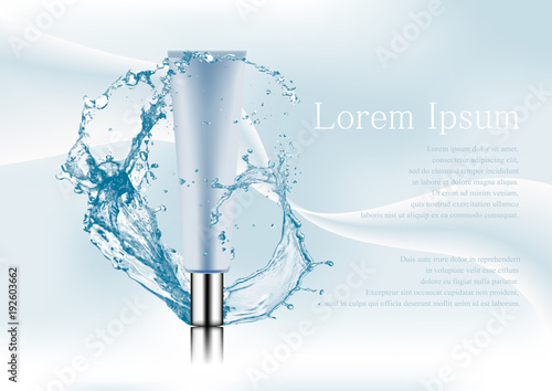 Advertising magazine page,Splash of water,realistic plastic silver-blue package for cosmetic products,tube for concealer,cream,text on abstract stylish gradient background.Vector illustration.