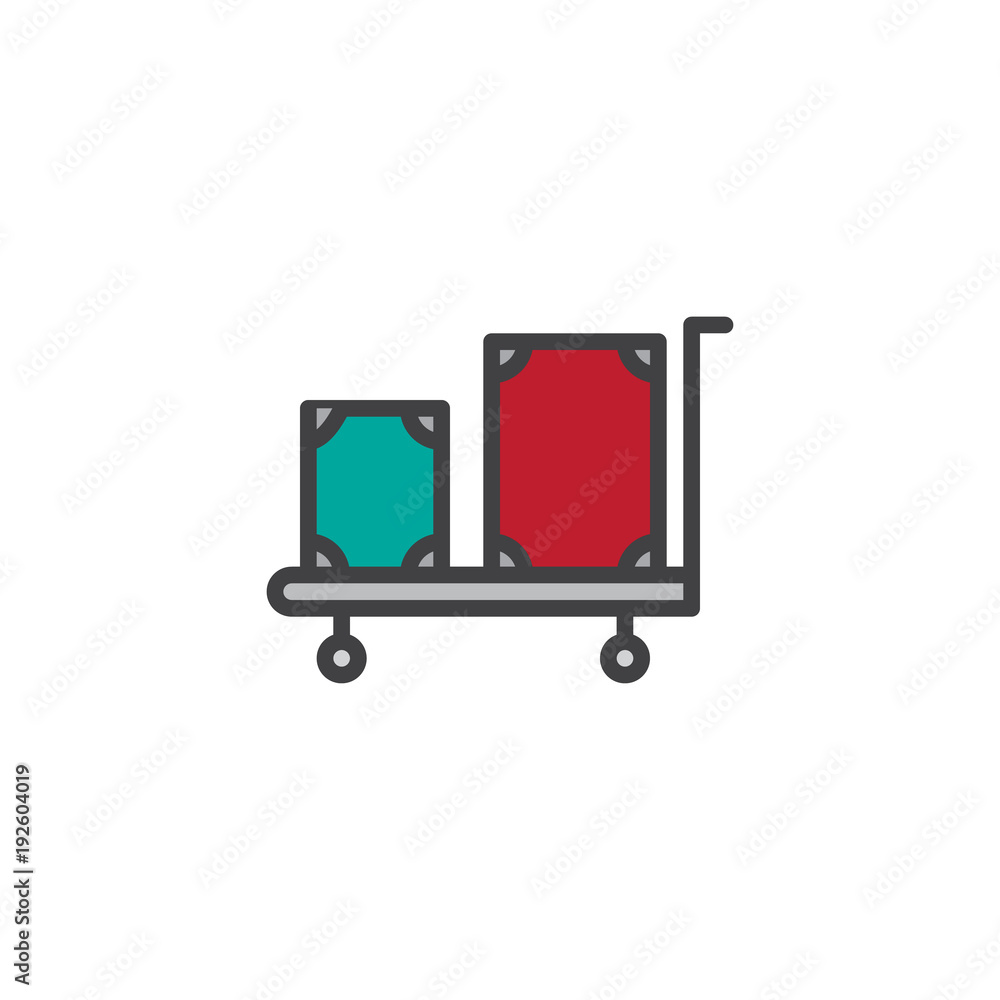 Hotel trolley with luggage filled outline icon, line vector sign, linear colorful pictogram isolated on white. Luggage cart symbol, logo illustration. Pixel perfect vector graphics Hotel trolley with luggage filled outline icon, line vector sign, linear colorful pictogram isolated on white. Luggage cart symbol, logo illustration. Pixel perfect vector graphics