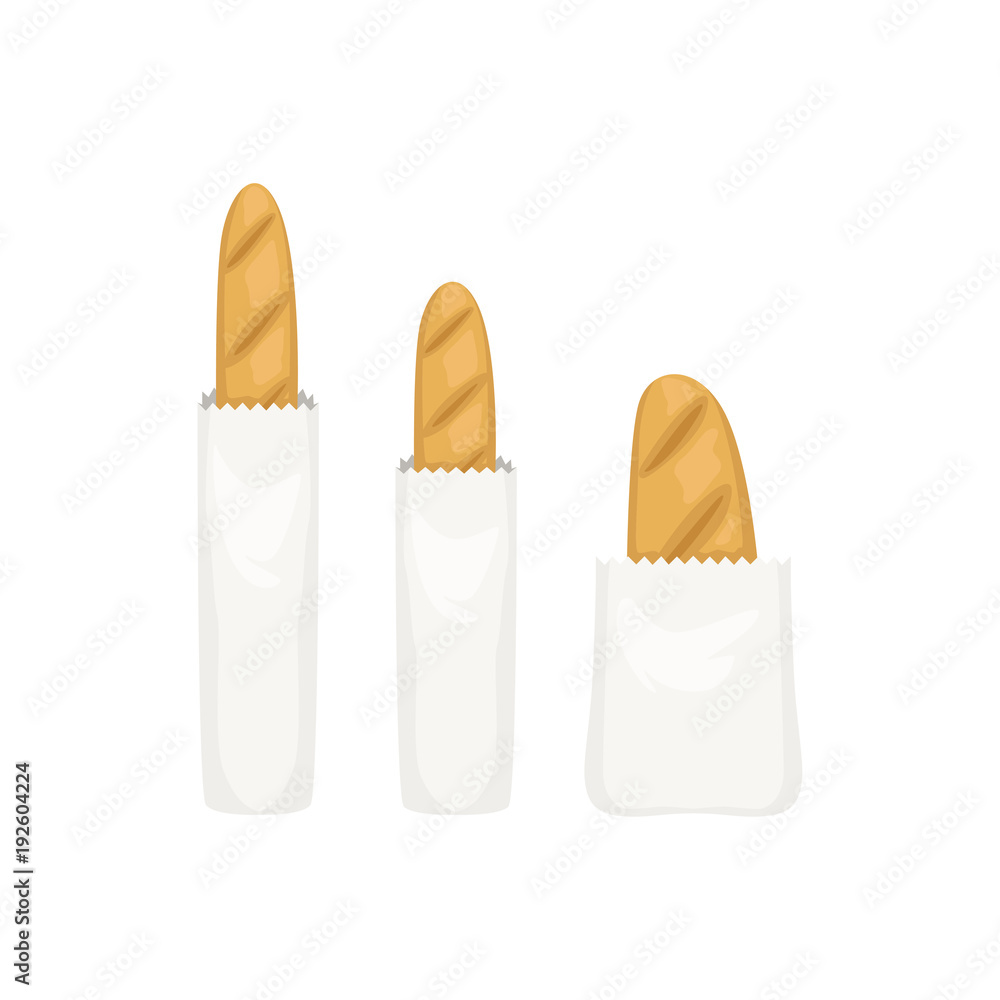 Three fresh baguettes in a paper bags, French bread vector Illustration
