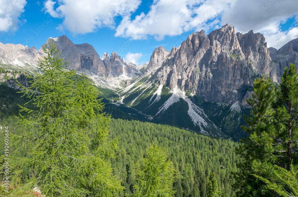 Catinaccio mountain massif as seen from the road to Passo Costalungo, Dolomites, Vigo di Fassa, Val di Fassa, Trentino, Alto Adige, South Tyrol, Italy