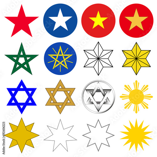 Set of heraldic stars. Five, sixe, seven, eight, fourteen-pointed stars. Star of David, hexagram, pentagram. Vector illustration on white background.