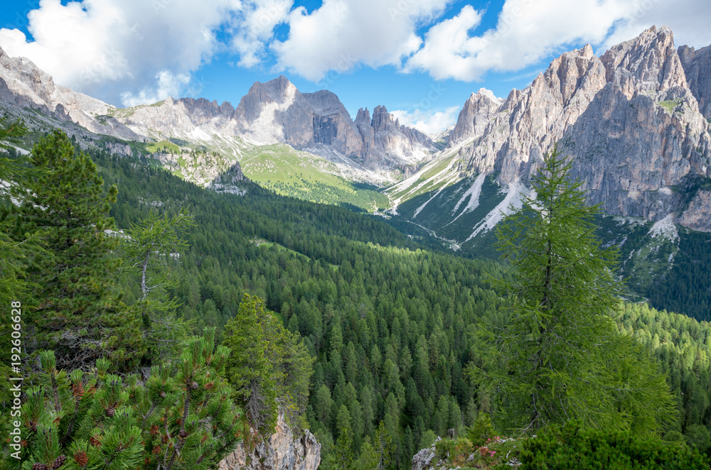 Fototapeta premium Dolomites - aerial view of Vago di Fassa, Italy, Europe, Dolomites mountains