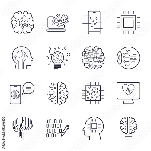 Artificial intelligence AI line icons. Robot intellect and cyborg chip mind signs. Innovation technology manufacturing and programming. Vector illustration. Editable Stroke.