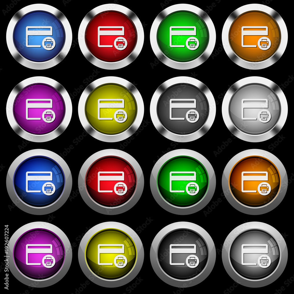 Credit card print record white icons in round glossy buttons on black background Credit card print record white icons in round glossy buttons on black background